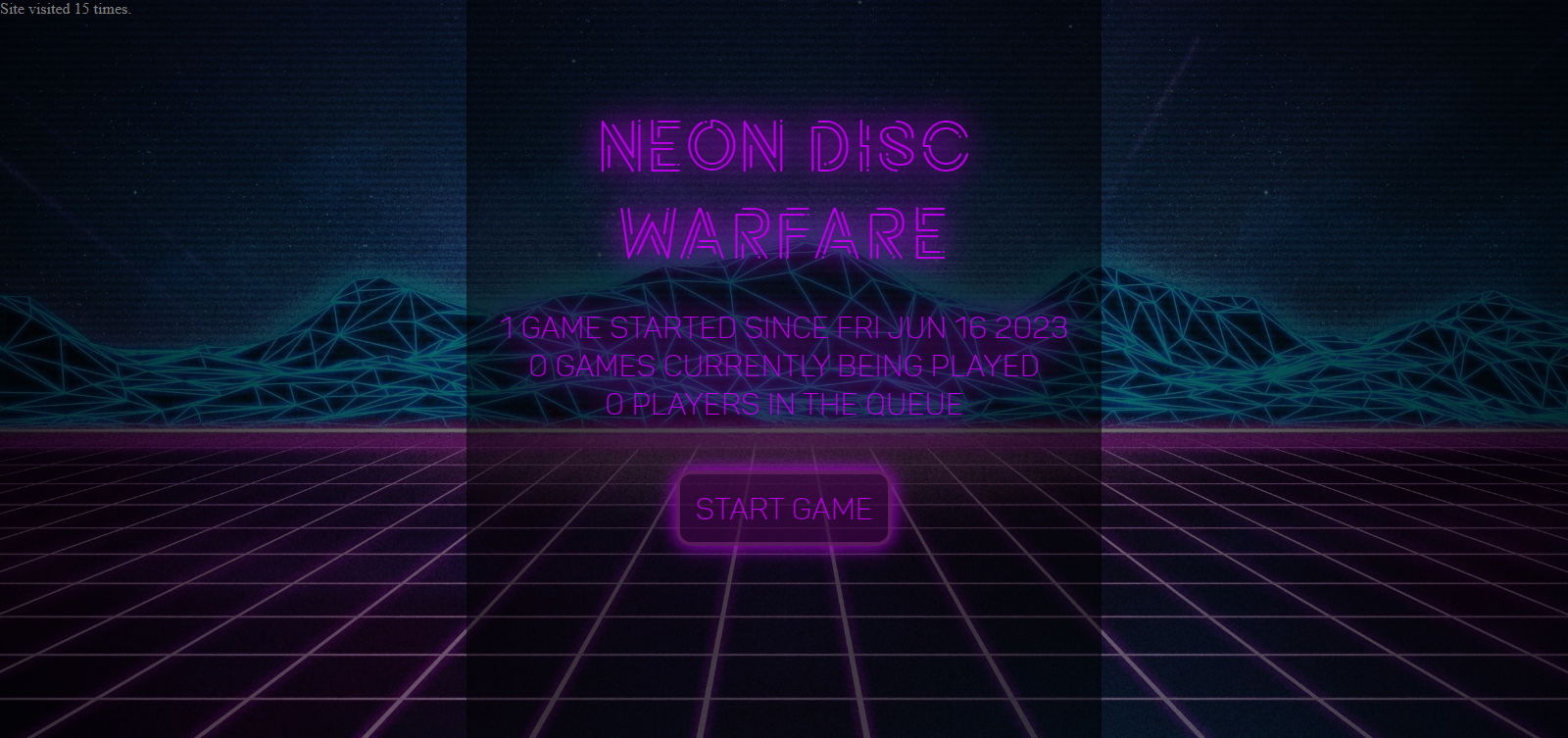 Splashscreen of the Neon Disc Warfare game, showing the title of the game, some game metrics, and a &ldquo;start game&rdquo; button