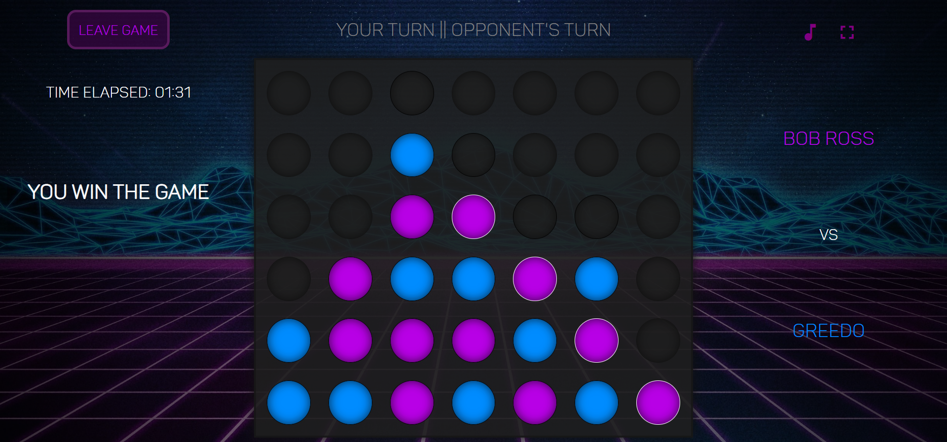Win screen of the game with winning row of chips highlighted